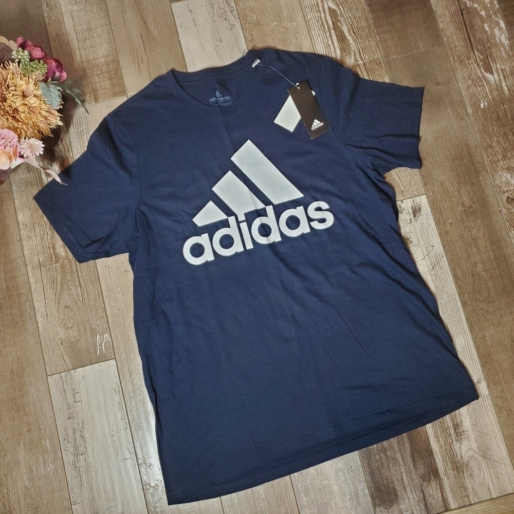 NWT Adidas Amplifier Basic Bos Tee Size Large Navy Blue & White 100% Cotton - Picture 12 of 16